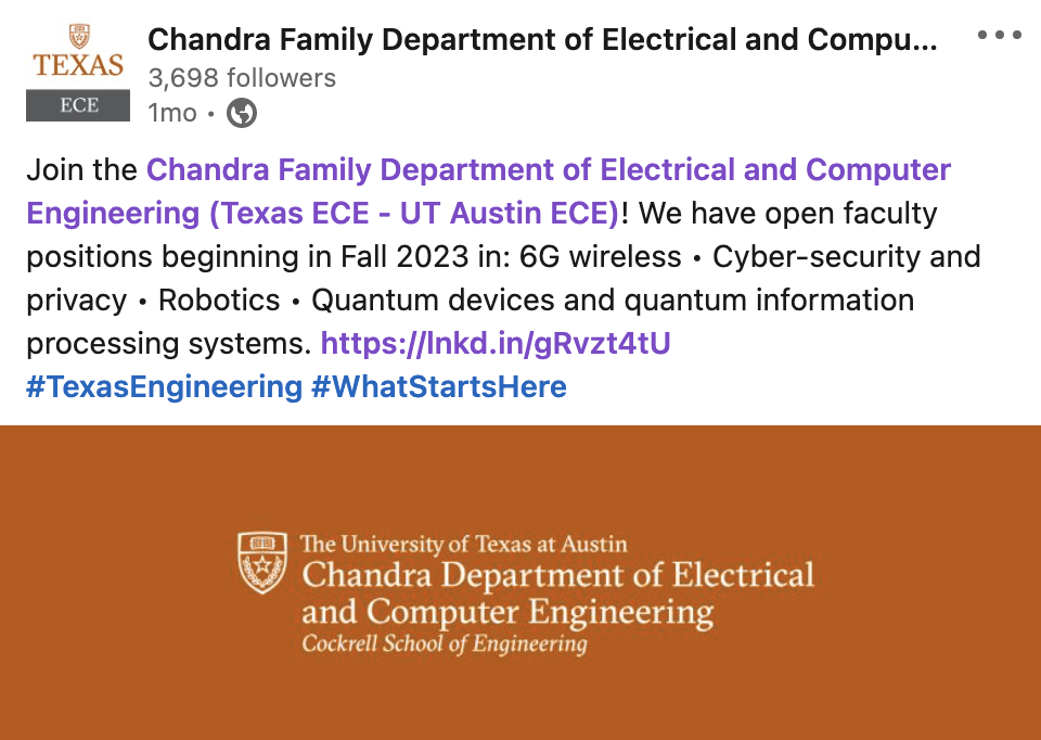 Post from Chandra Family Department of Electrical and Computer Engineering (Texas ECE - UT Austin ECE) and an orange graphic of Texas ECE